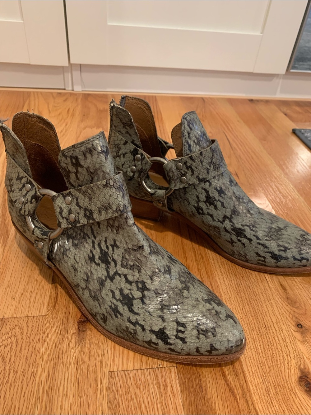 Frye Grey Green Snake-Print Harness Cutout Booties
